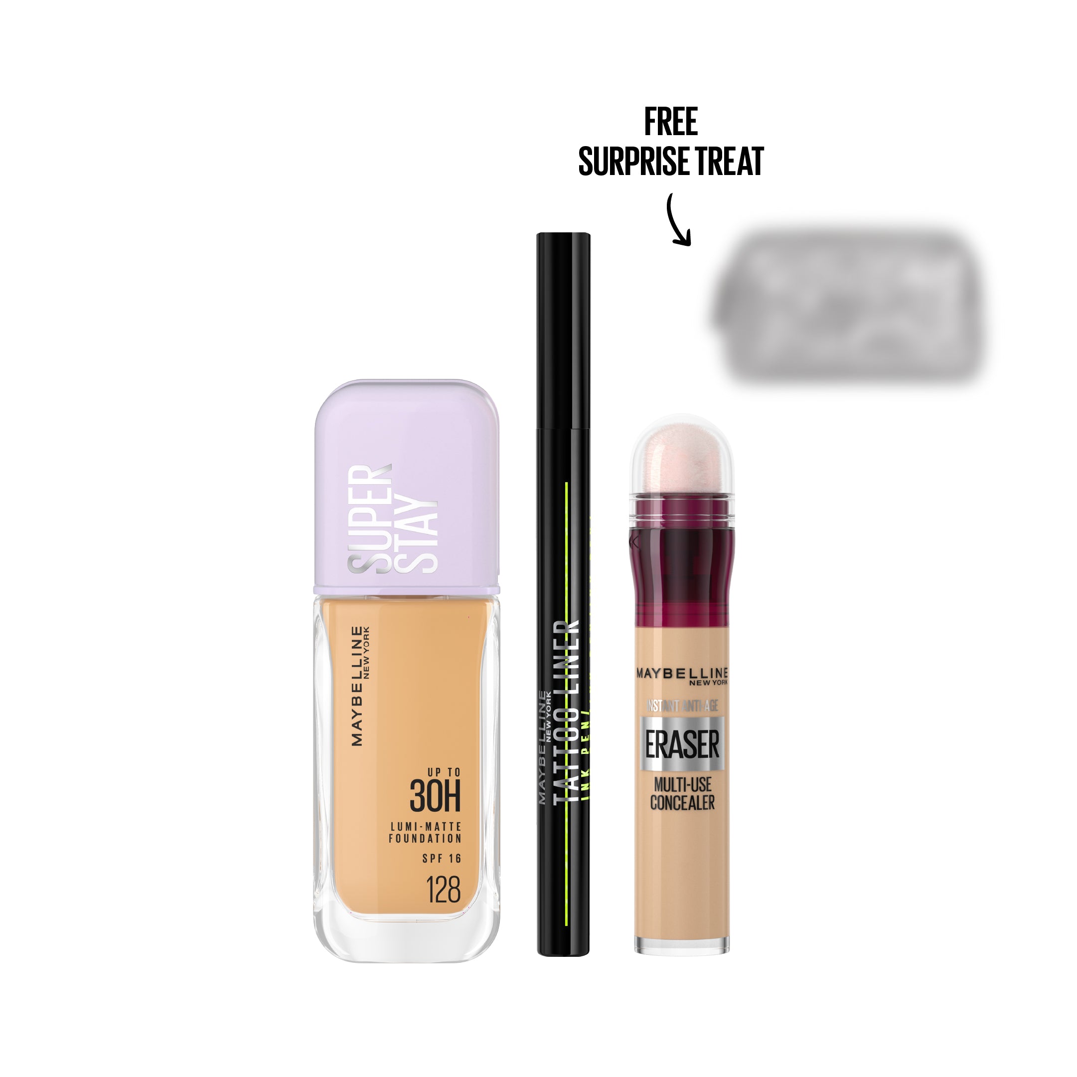 Maybelline Glamoween Flawless Look – Lumi-Matte Foundation + Age Rewind Concealer + Tattoo Liner + Secret GWP promotional packshot with mystery gift